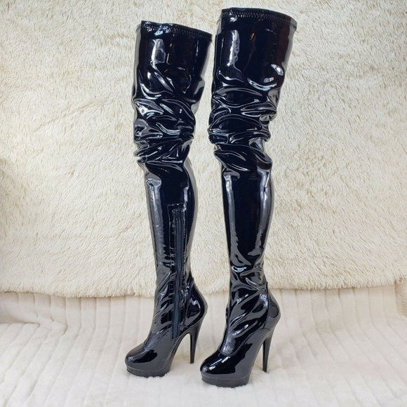 Stretch Patent Black 6" High Heel Platform Thigh High Crotch Boots Sultry - Picture 7 of 8